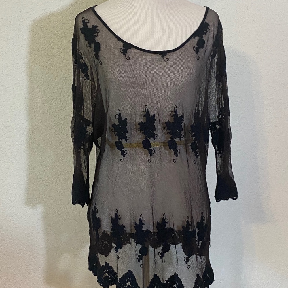 XCVI Sheer Tunic Top S Black Embroidered long